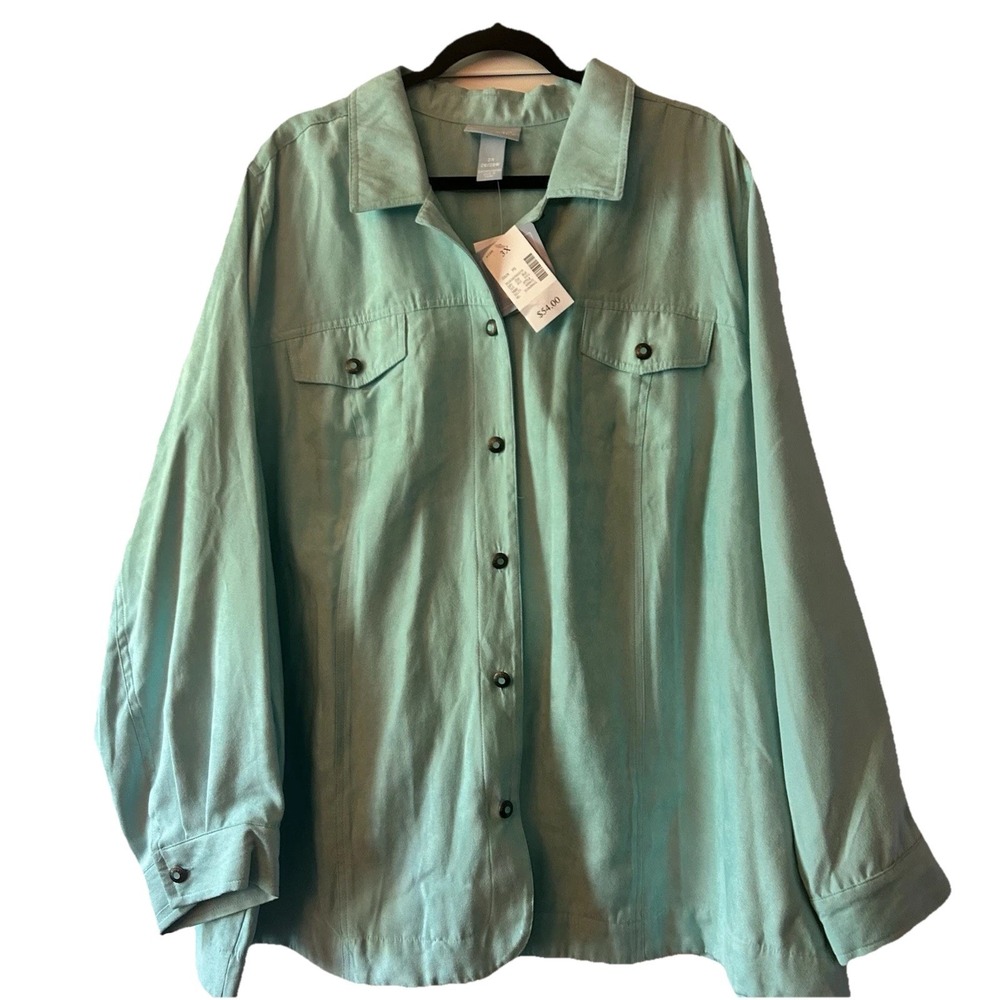 Liz & Me Aqua Teal Faux Suede Button Up Shirt 3X New Tags MSRP  $54